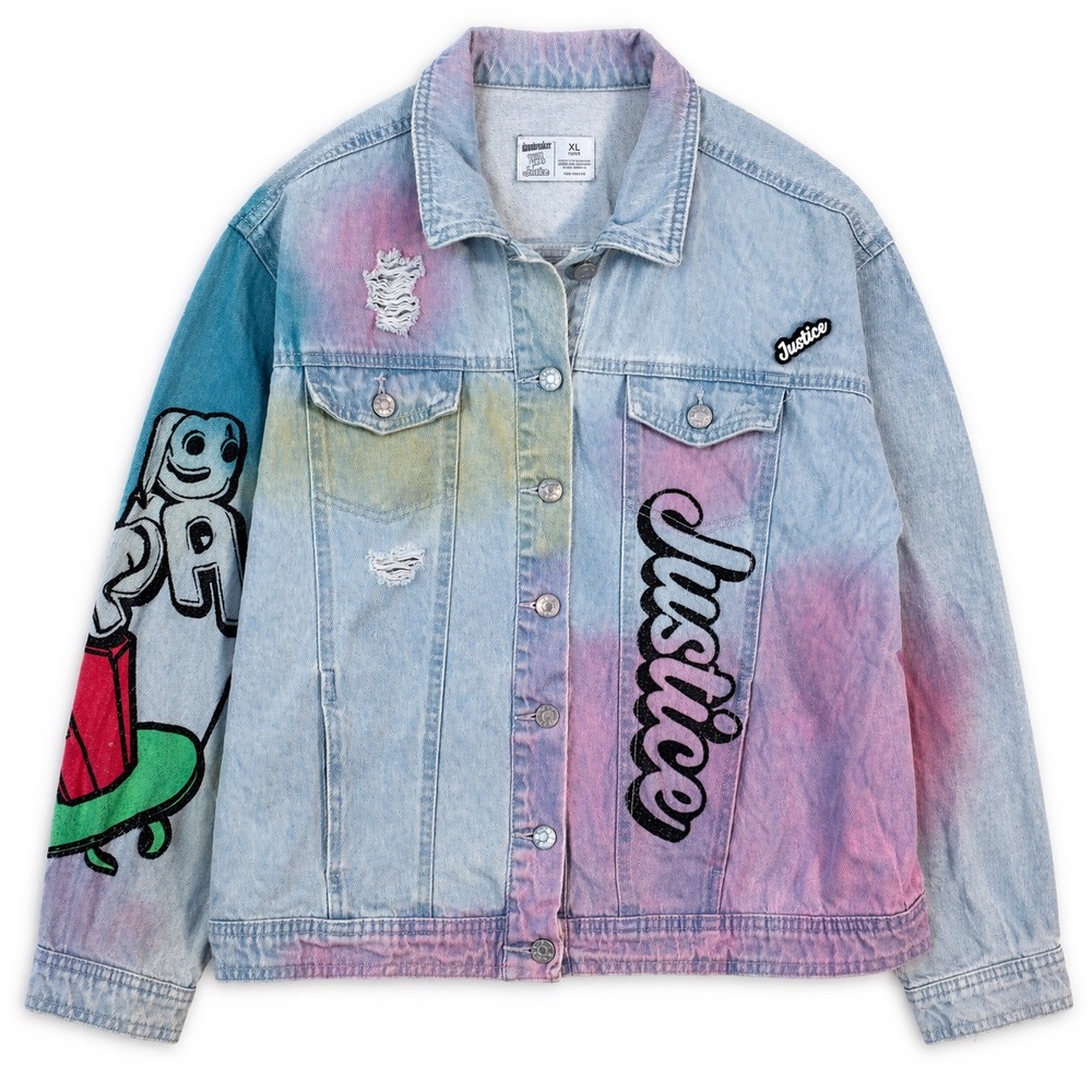 Justice Bazooka Ring Pop Denim Jacket XL Light Wash Distressed Tie Dye Cotton